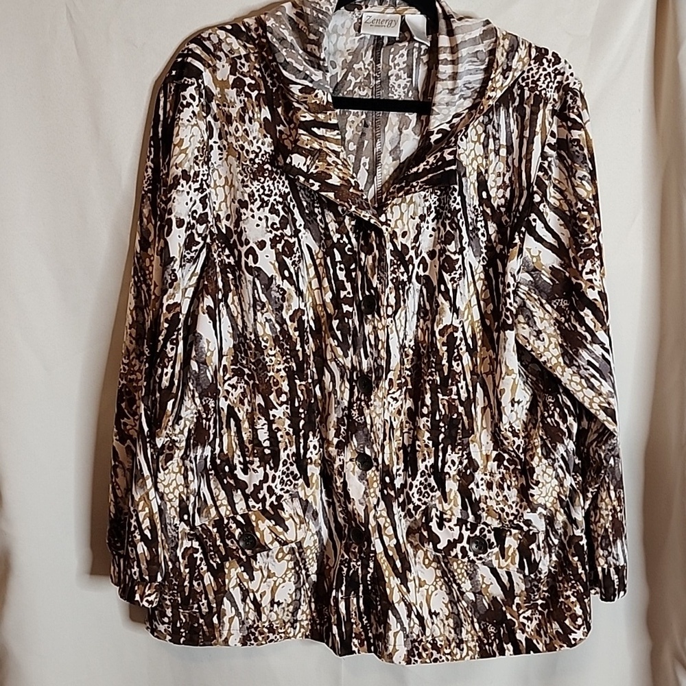 Chicos 3 Zenergy Jacket Brown Camo Print Hood Button Pockets Lightweight  XL 3